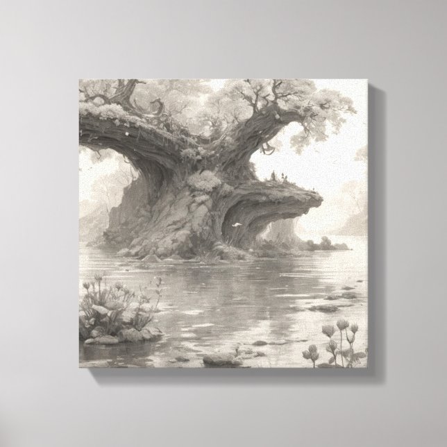 Huge Trees Forest & Lake Pencil Sketch Art Canvas Print (Front)