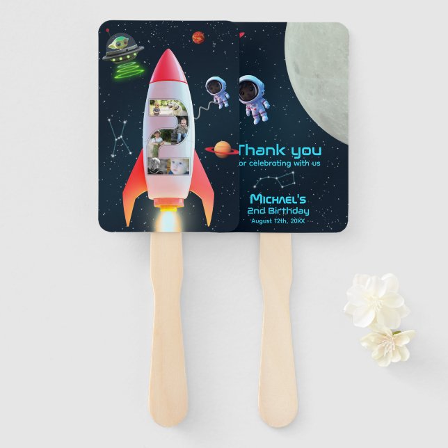 Huge Two Photo Collage | Rocket Space 2nd Birthday Hand Fan (Front and Back)