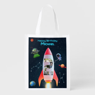 Huge Two Photo Collage   Space Rocket 2nd Birthday Grocery Bag