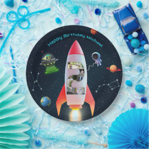 Huge Two Photo Collage Space Rocket 2nd Birthday Paper Plates