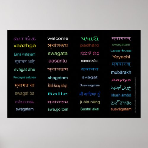 Huge Welcome in Languages of INDIA 5 Sizes BLACK Poster