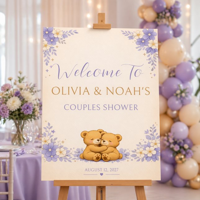 Hugging Bears Purple Floral Couples Shower Foam Board (Creator Uploaded)