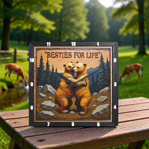 Hugging Bears Rocky Mountain Sunset Square Wall Clock