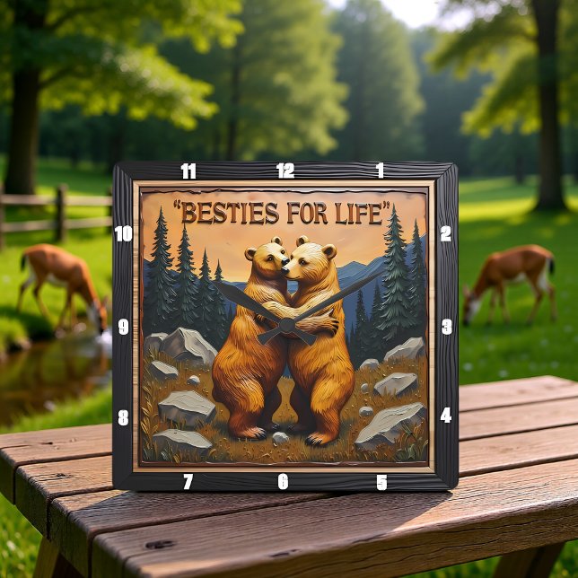 Hugging Bears Rocky Mountain Sunset Square Wall Clock (Creator Uploaded)