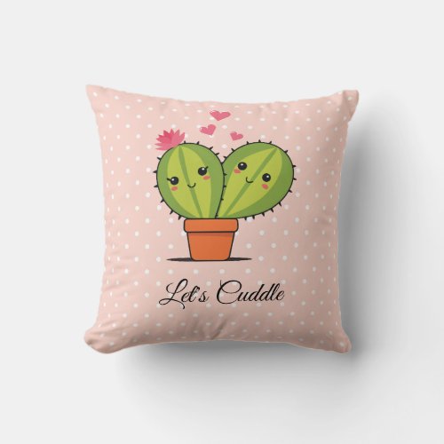 Hugging cute cactus on white and pink polka dots throw pillow