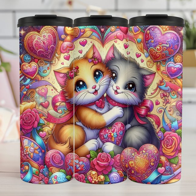 Hugging Kittens Heart Floral Thermal Tumbler (Creator Uploaded)