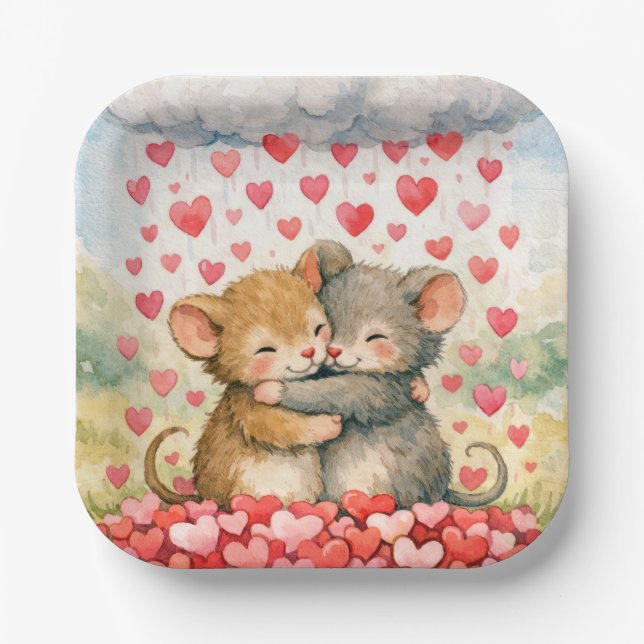 Hugging Mice Under a Cloud of Hearts Paper Plates (Front)