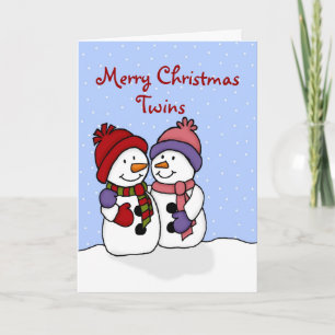 Hugging snowmen twins Christmas card