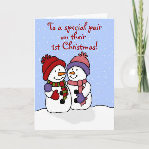 Hugging snowmen twins Christmas card