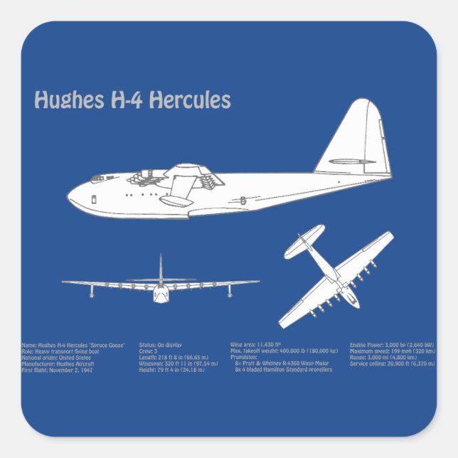 Hughes H-4 Hercules Spruce Goose - Airplane Plans  Square Sticker (Front)
