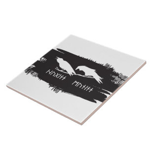 Huginn and Muninn Viking Ravens Ink Design Ceramic Tile