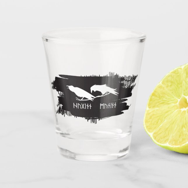 Huginn and Muninn Viking Ravens Ink Design Shot Glass (Front)