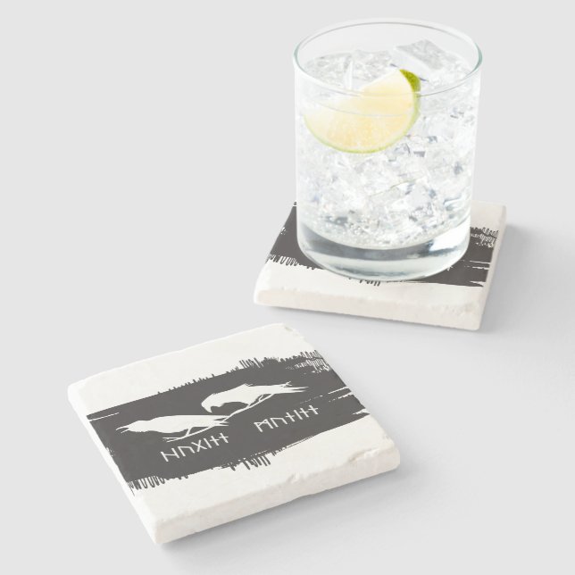 Huginn and Muninn Viking Ravens Ink Design Stone Coaster (Side)