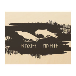 Huginn and Muninn Viking Ravens Ink Design Wood Wall Art