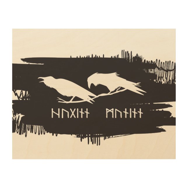 Huginn and Muninn Viking Ravens Ink Design Wood Wall Art (Front)