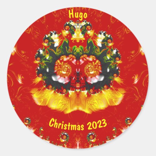 HUGO  CHRISTMAS Red Green Yellow Fractal   Classic Round Sticker
