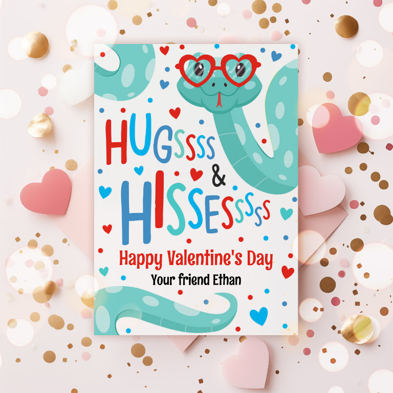 Hugs And Hisses Snake Valentine Classroom Card