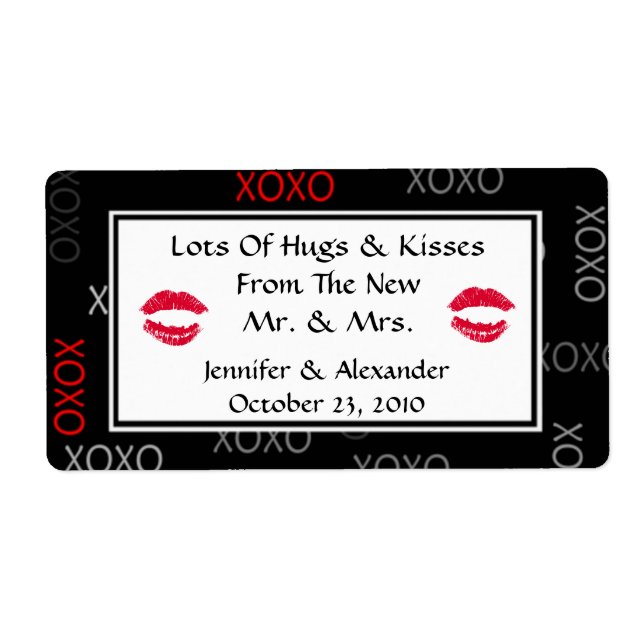 Hugs and Kisses Black Red Wedding Favor Labels (Front)
