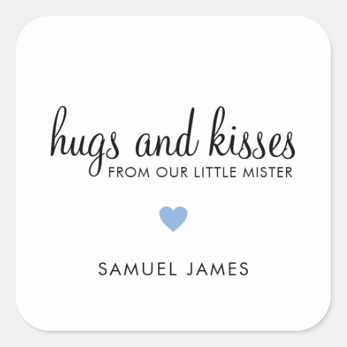 Hugs and Kisses Blue Heart Boy Baby Shower Favor Square Sticker