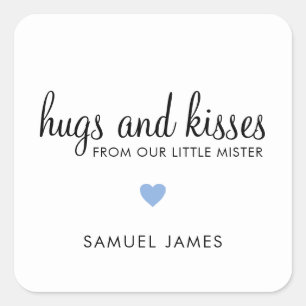Hugs and Kisses Blue Heart Boy Baby Shower Favor Square Sticker