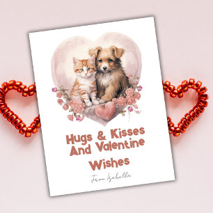 Hugs and Kisses Cat Dog Valentines Pink Card