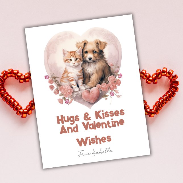 Hugs and Kisses Cat Dog Valentines Pink Card (Creator Uploaded)