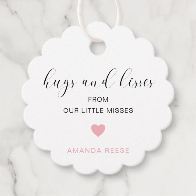 Hugs and Kisses Cute Pink Heart Girl Baby Shower Favor Tags (Front)