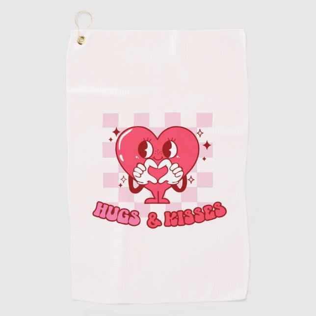 Hugs and Kisses | Cute Pink Heart Love Golf Towel (Front)