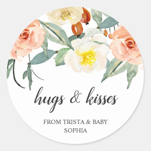 Hugs and Kisses Floral Girl Elegant Baby Shower Classic Round Sticker