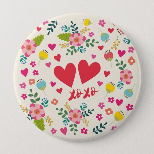 Hugs and Kisses Flowers and Hearts Button