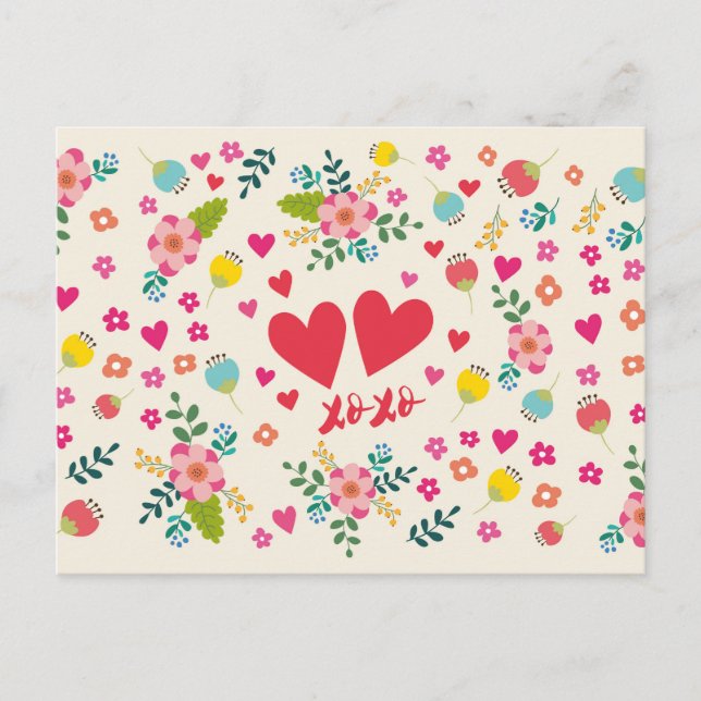 Hugs and Kisses - Flowers and Hearts Postcard (Front)