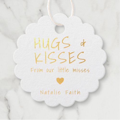 Hugs and Kisses Heart Cute Girl Baby Shower Gold Foil Favor Tags