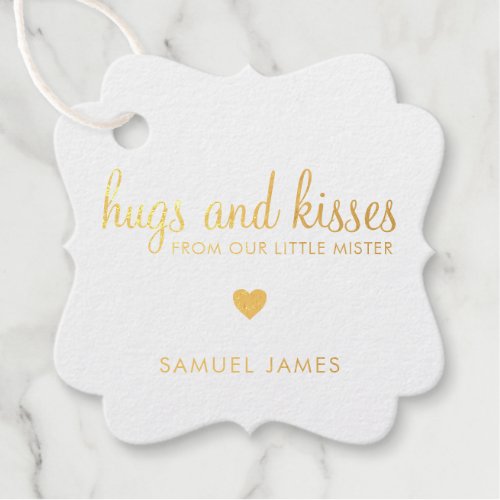 Hugs and Kisses Heart Gold Foil Boy Baby Shower Foil Favor Tags