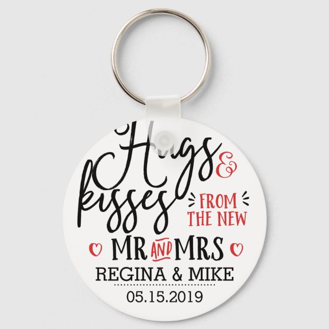 Hugs and Kisses New Mr and Mrs Handwriting Scipt Keychain (Front)