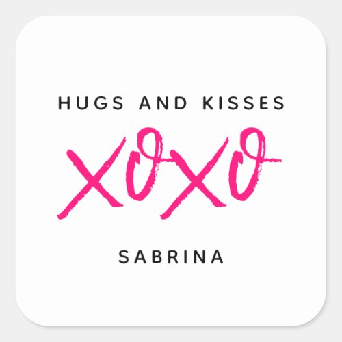 Hugs and Kisses Pink  Black Valentines Day Square Sticker