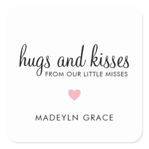 Hugs and Kisses Pink Heart Girl Cute Baby Shower Square Sticker