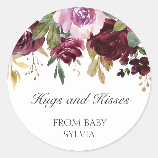Hugs and Kisses Plum Floral Girl Baby Shower Favor Classic Round Sticker (Front)
