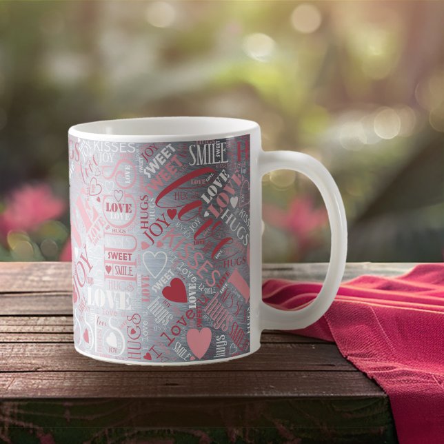 Hugs and Kisses Word Cloud Pink/Silver ID286 Coffee Mug (Creator Uploaded)