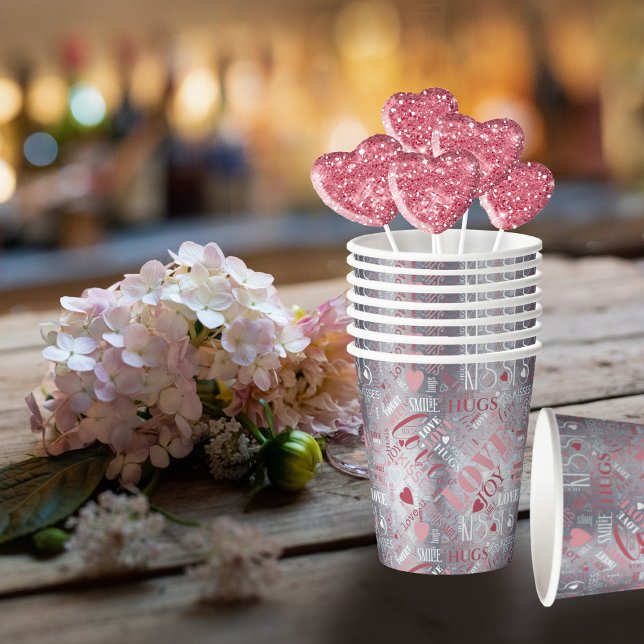 Hugs and Kisses Word Cloud Pink/Silver ID286 Paper Cups (Creator Uploaded)