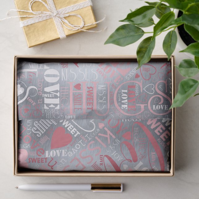 Hugs and Kisses Word Cloud Pink/Silver ID286 Tissue Paper (Gift)