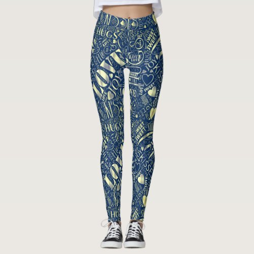 Hugs and Kisses Word Cloud Retro Blue ID286 Leggings