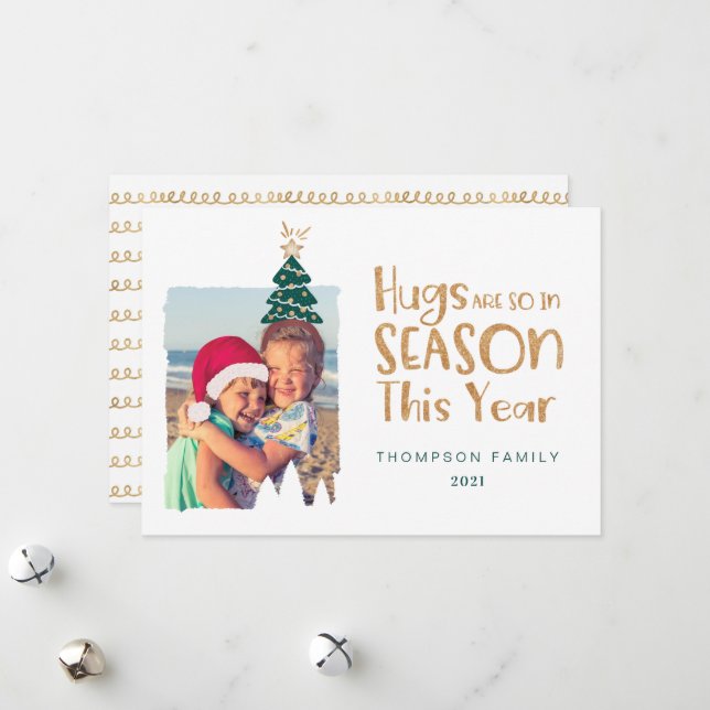 Hugs Are Season Christmas Tree & Santa Hat Photo Holiday Card (Front/Back In Situ)