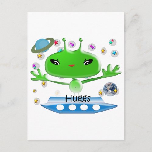 Hugs Cute Green Outer Space Aliens with Space Ship Postcard
