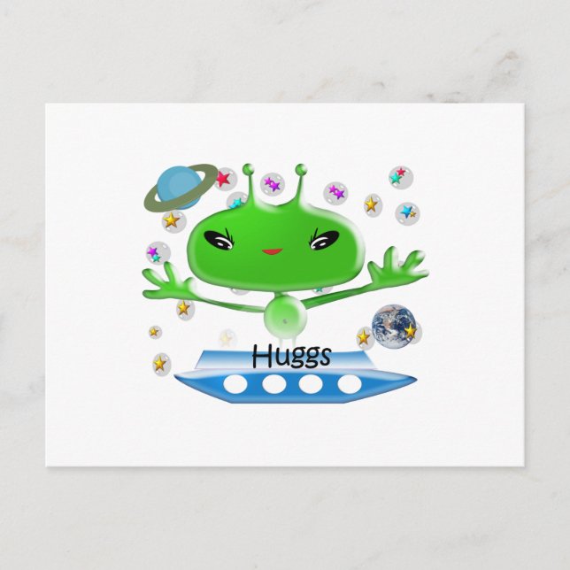 Hugs Cute Green Outer Space Aliens with Space Ship Postcard (Front)