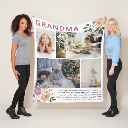 Hugs for Grandma Floral Photo Collage Fleece Blanket