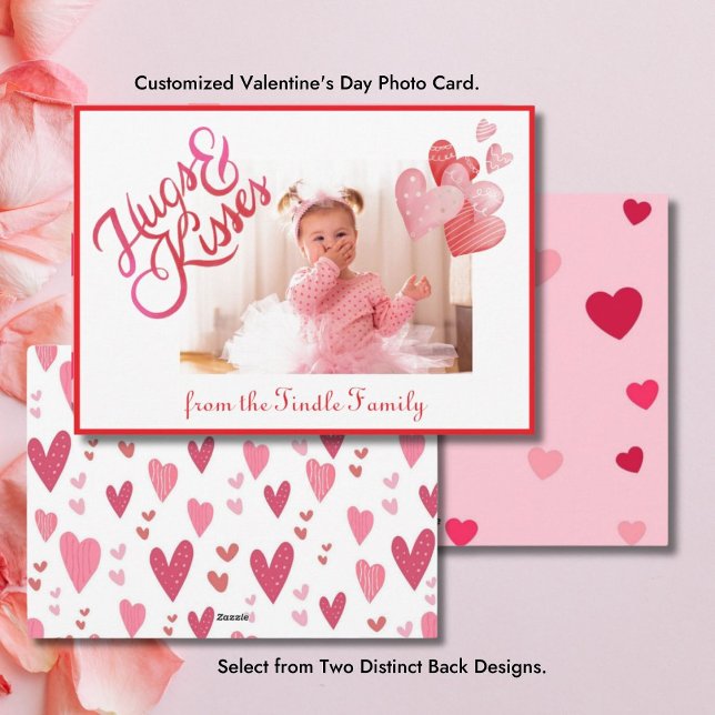 Hugs & Kisses 1 Photo Valentine Horizontal Holiday Card (Horizontal Photo Valentine's Day Greeting Card)