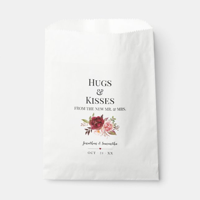 Hugs & Kisses from new Mrs marsala floral wedding Favor Bag (Front)