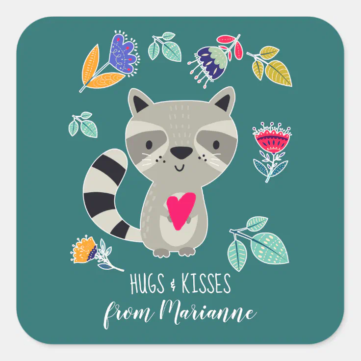Hugs & Kisses. Funny Raccoon Custom Gift Stickers | Zazzle