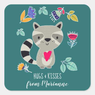 Hugs & Kisses Funny Raccoon Custom Valentine's Day Square Sticker