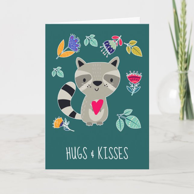 Hugs & Kisses. Funny Raccoon Valentine's Day Holiday Card (Front)